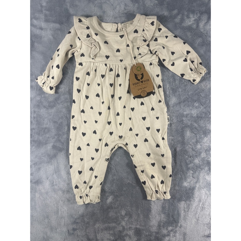 Rabbit Bear Organic Heart Print Ruffle Romper‎ Beige 0-3 Months G115E208